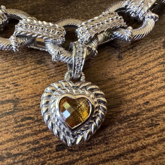 JUDITH RIPKA STERLING SILVER BRACELET w CITRINE HEART ENHANCER CHARM + RING Sz 8 - Picture 2 of 10